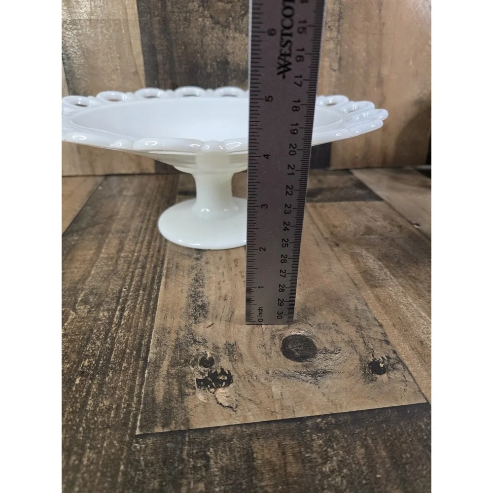 Vintage White Milk Glass Lace Edge Pedestal Cake Stand Compote Dish 10.5 Inch